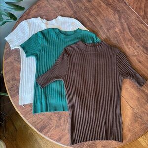Ribbed Knit Sweater Trio- White, Green, Brown Small